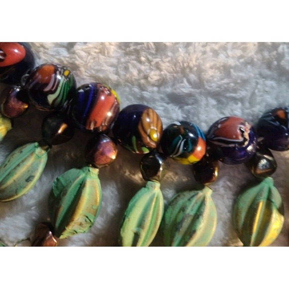 Artisan African Trade Necklace 41" Millefiori Beads Brass Black Bold Ethnic - Picture 3 of 16